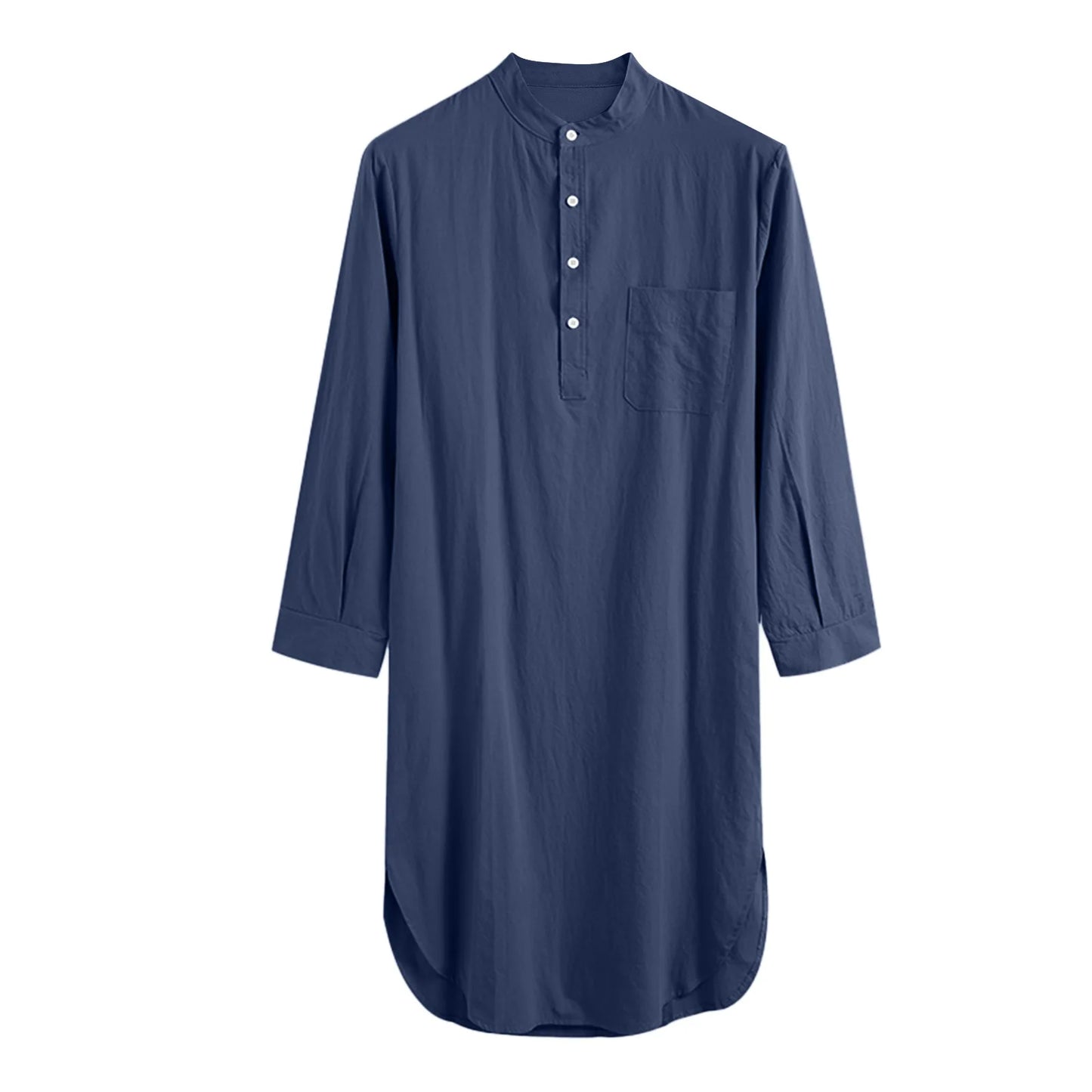 Men's Cotton Button-down Sleep Robe Solid Color Stand Neck Long Sleeve Nightgown Fashion Comfortable Home Loose Bathrobe