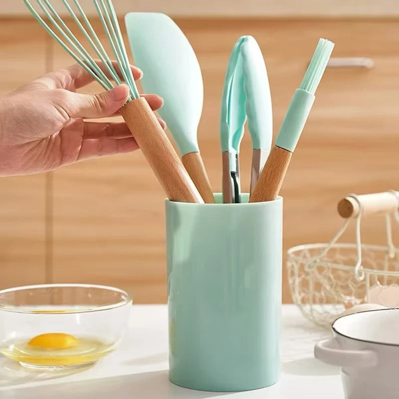 12Pcs Silicone Cooking Utensils Set – Wooden Handle, Non-Stick Kitchen Tools