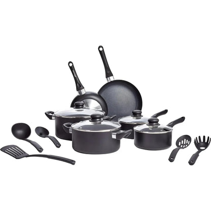 Non-stick cookware 15-piece set, pots, pans and cutlery, aluminum and glass lid, non-stick coating for easy cooking and cleaning