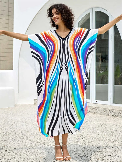 2025 Boho Colorful Wave Printed V-neck Bat Sleeve Beach Dress Women Summer Swimwear Coverup Cozy Plus Size Kaftan Homewear Q1674