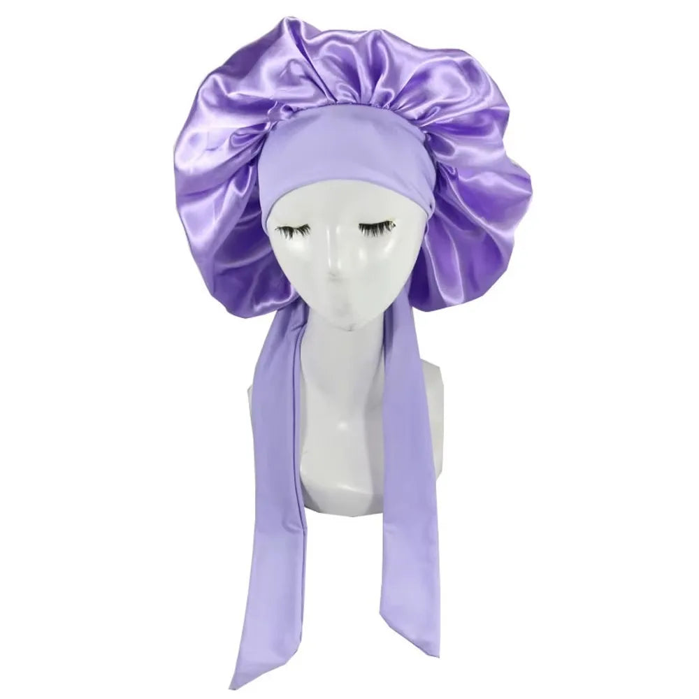 New Satin Solid Sleeping Hat With Stretchy Tie Band Elastic For Women Night Shower Cap Adjustable Hair Head Cover Bonnet Turban