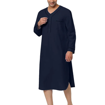 Men V-Neck Linen Robe Roll Up Short Sleeve Solid Long Night Gown Casual Loose Shirt Kaftan Thobe with Pocket