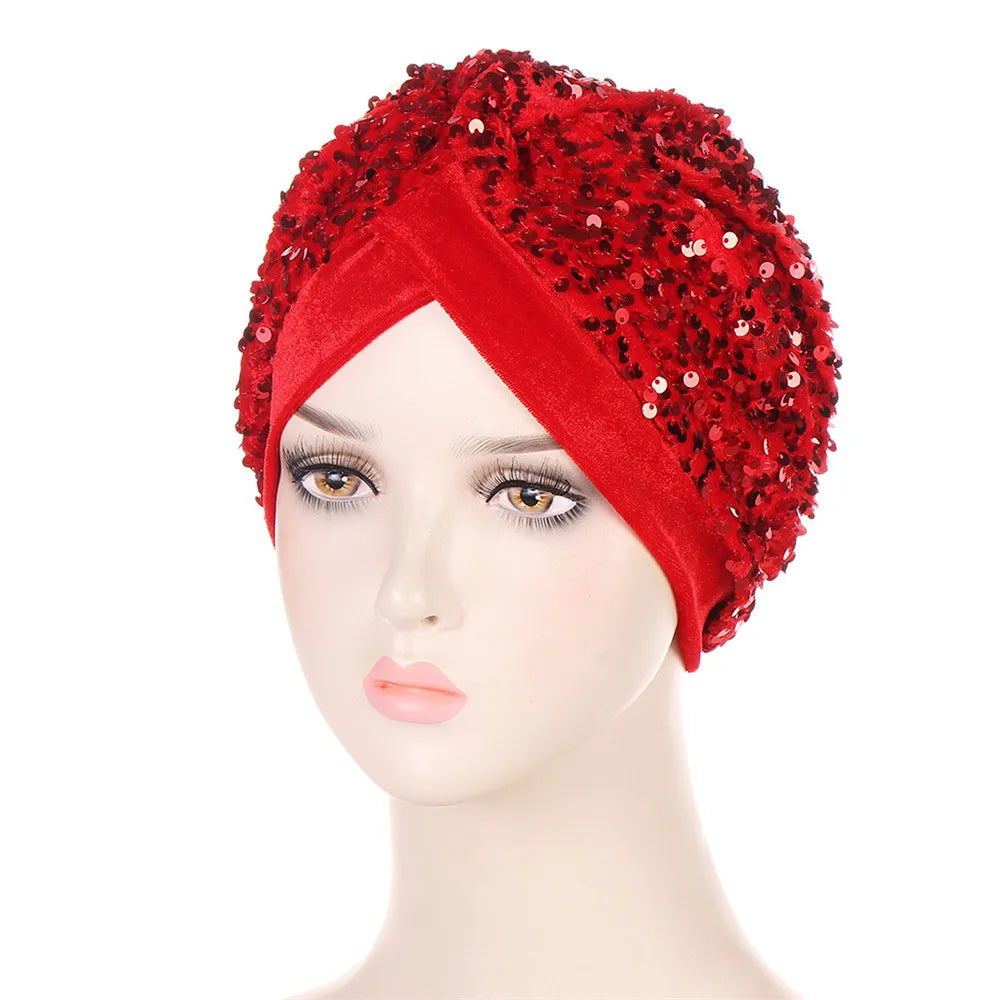 Women Glitter Sequins Turban Hat Fashion Bonnet Twist Solid Color Hijab Chemo Cap Head Wraps Elegant Headscarf Stretchy Headband