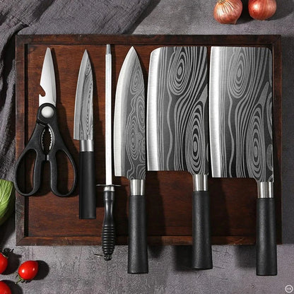 Laser Damascus Knife Set – Chef, Meat, Fruit Knives & Scissors