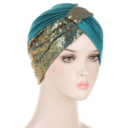 Women Glitter Sequins Turban Hat Fashion Bonnet Twist Solid Color Hijab Chemo Cap Head Wraps Elegant Headscarf Stretchy Headband