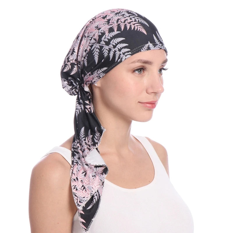 Women Headscarf Cap Floral Print Pre Long Tied Tassel Stretchy Head Wrap Hair Accessories Muslim Chemo Hat Turban Headwear