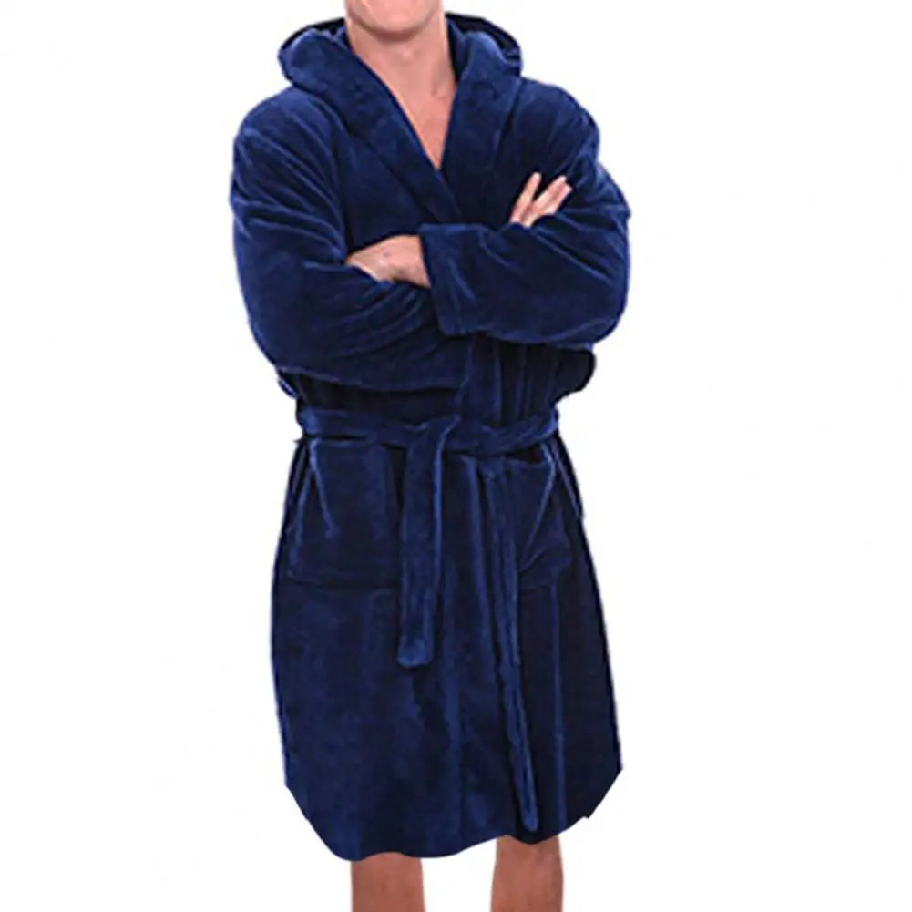 Belt Flannel Bath Robe for Men Hooded Pockets Warm Men Nightgown Men Plush Bathrobe Sleepwear Home Clothes Loose Pajamas Robe