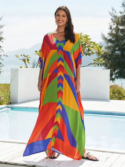 2024 Bohemian Chic Printed Batwing Sleeve V Neck Side Split Maxi Dress Women Summer Clothing Beach Wear Swim Suit Cover Up Q1594