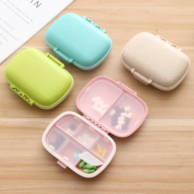 Mini Portable 8 Grids Pill Box Travel Medicine Organizer Container Wheat Sealed Tablets Storage Dispenser Box for Medicines