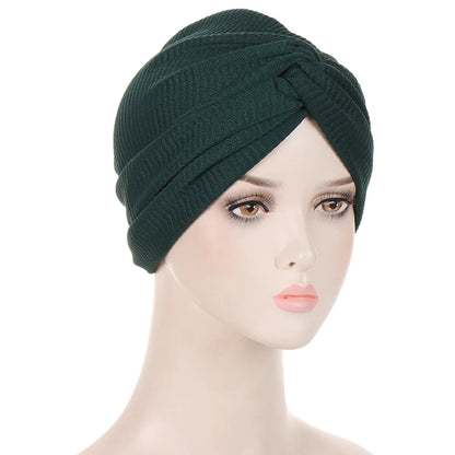 Rippled Twist Turban Caps for Women Muslim Headscarf Bonnet Stretchy Female Head Wraps Solid Cotton Turbante Indian Hat