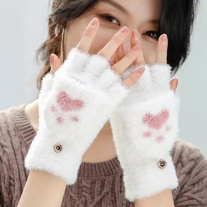 Thickened Women’s Warm Cat Claw Paw Plush Fingerless Winter Gloves