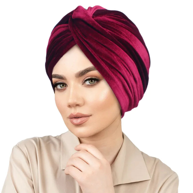 Soft Velvet Stretchy Turban Bonnet Muslim Winter Warm Hat Forehead Cross Hijab Caps Female Underscarf Cap Indian Hat Turbante