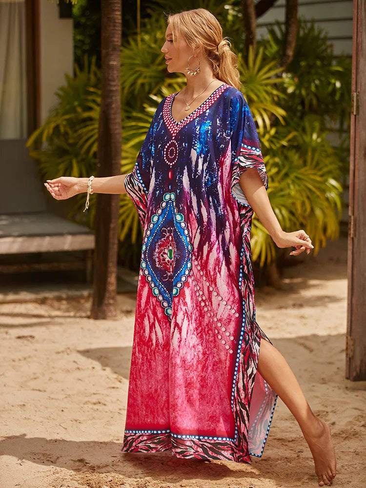 Women's Long Caftans Print Bathing Suit Cover Up Casual Beach Maxi Dress Abaya Beach Outfits Boho Clothes