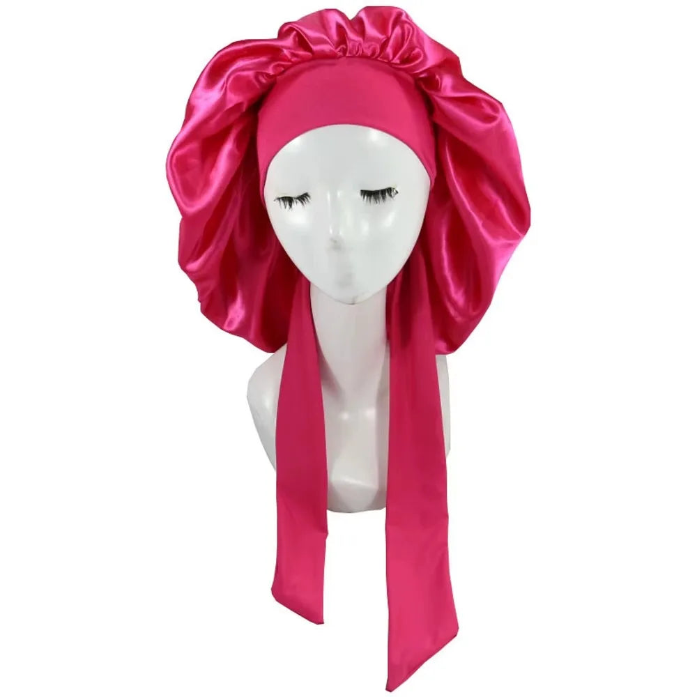 New Satin Solid Sleeping Hat With Stretchy Tie Band Elastic For Women Night Shower Cap Adjustable Hair Head Cover Bonnet Turban