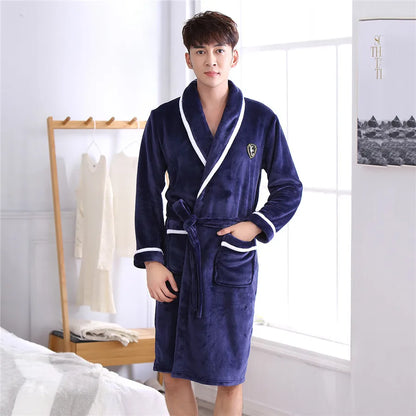 Thickened Flannel Men Robe Sleepwear Autumn Winter Warm Coral Fleece Bathrobe Gown Nightwear Loose Casual Home Wear Loungewear