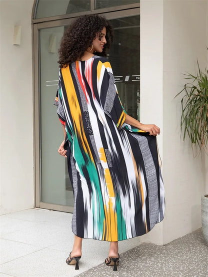 Bohemian Striped Print Plus Size Kaftan V-neck Side Split House Dress 2024 Summer Women's Beachwear Bathing Suit Cover Up Q1638