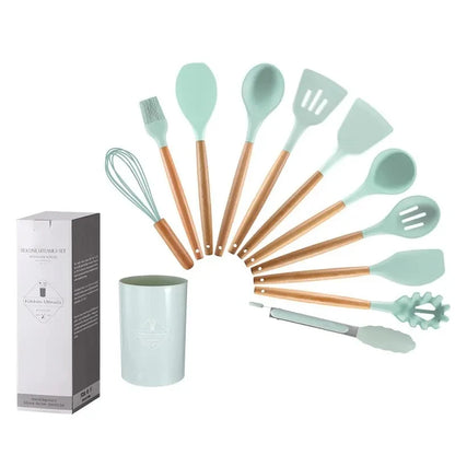 12-Piece Silicone Kitchen Utensil Set with Wooden Handles – Non-Stick Cookware Tools