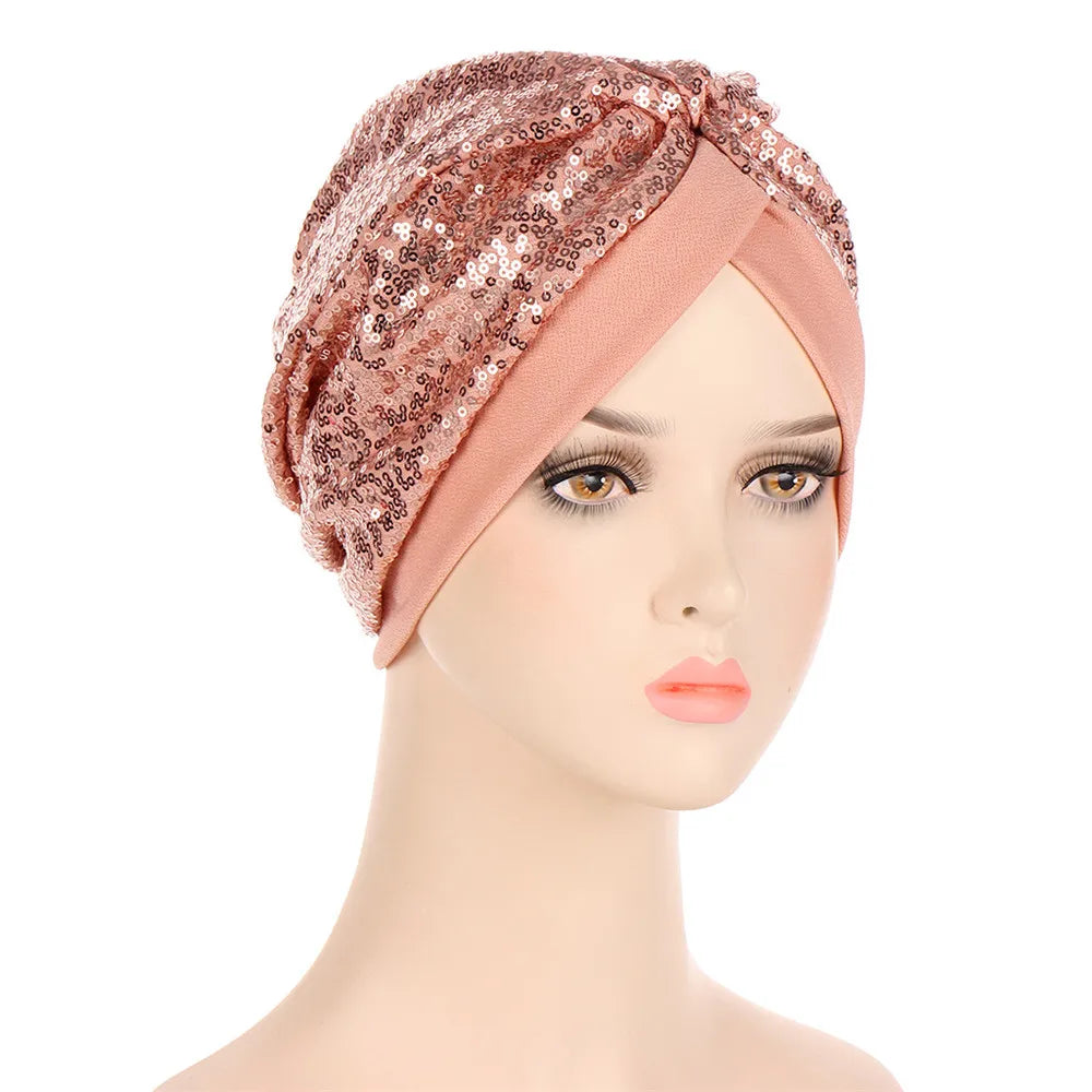 Women Glitter Sequins Turban Hat Fashion Bonnet Twist Solid Color Hijab Chemo Cap Head Wraps Elegant Headscarf Stretchy Headband