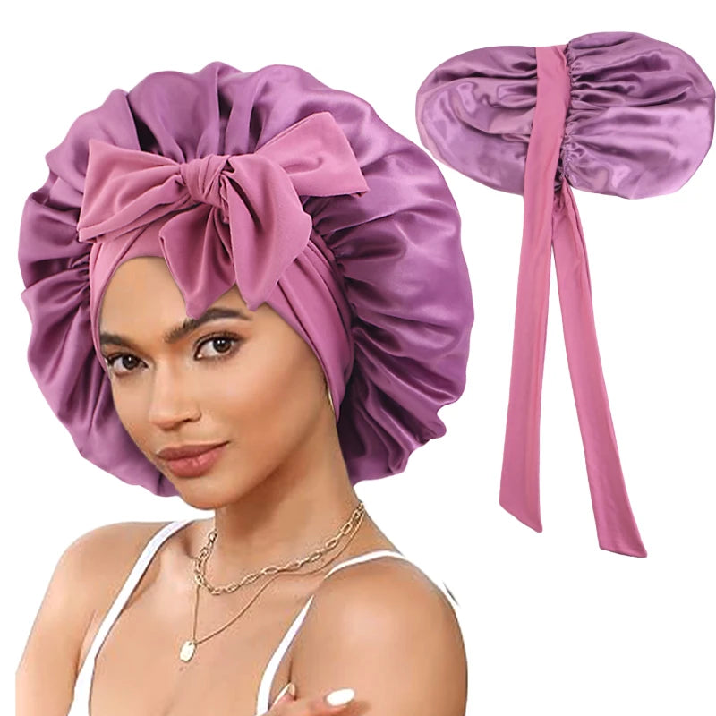 Fashion Satin Solid Color Sleeping Hat Stretchy With Tie Band Night Shower Cap Women Ladies Hair Head Cover Bonnet Turban