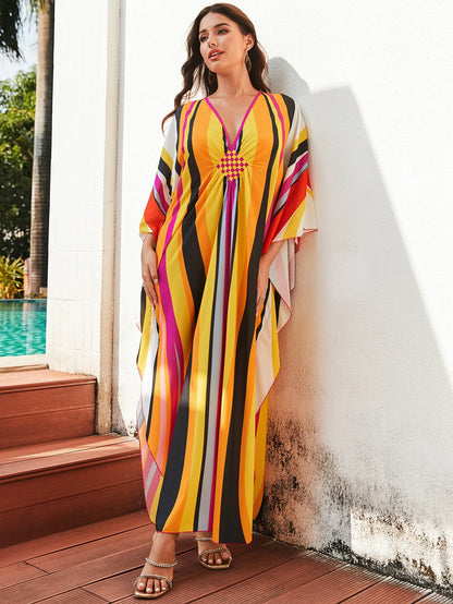 2024 Boho Yellow Striped Print Hand-knit V Neck Bat Sleeve Dress Summer Women Beachwear Swimsuit Cover Up Loose Kaftan Q1588