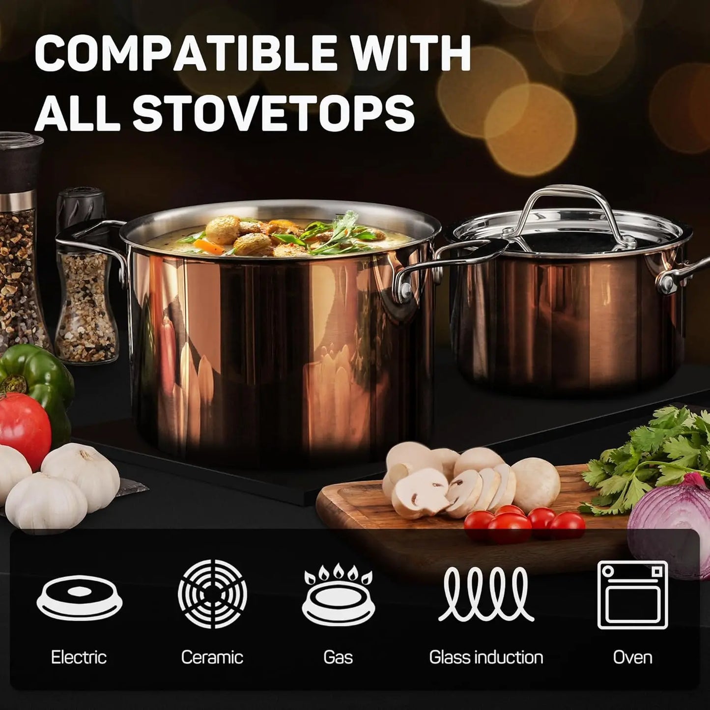 10-Piece Tri-Ply Stainless Steel Cookware Set – Copper Pots & Pans with Lids