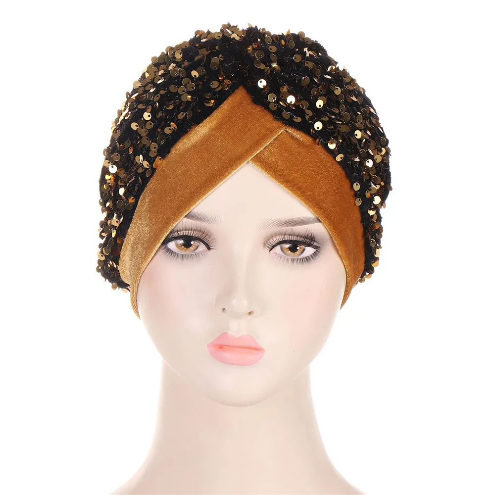 Women Glitter Sequins Turban Hat Fashion Bonnet Twist Solid Color Hijab Chemo Cap Head Wraps Elegant Headscarf Stretchy Headband