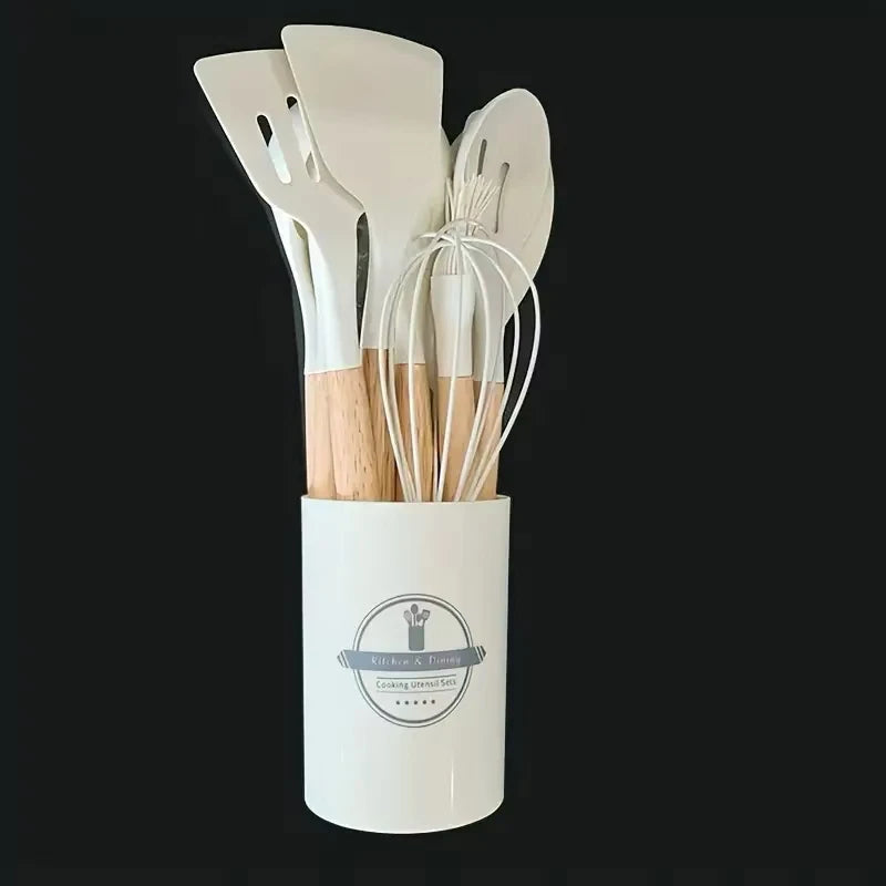 12Pcs Silicone Cooking Utensils Set – Wooden Handle, Non-Stick Kitchen Tools