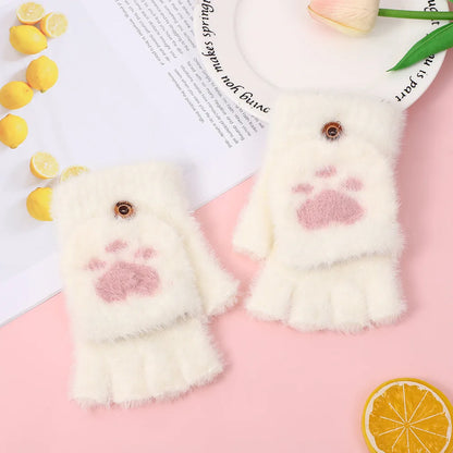 Thickened Women’s Warm Cat Claw Paw Plush Fingerless Winter Gloves