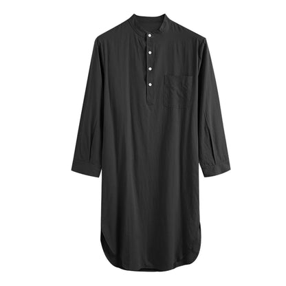 Men's Cotton Button-down Sleep Robe Solid Color Stand Neck Long Sleeve Nightgown Fashion Comfortable Home Loose Bathrobe