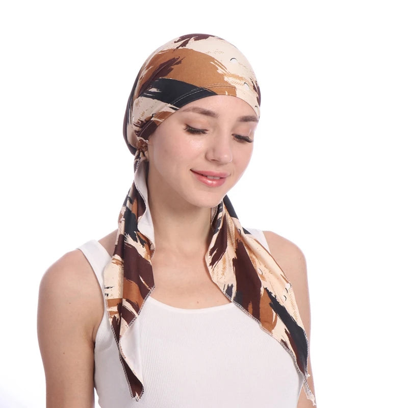 Women Headscarf Cap Floral Print Pre Long Tied Tassel Stretchy Head Wrap Hair Accessories Muslim Chemo Hat Turban Headwear