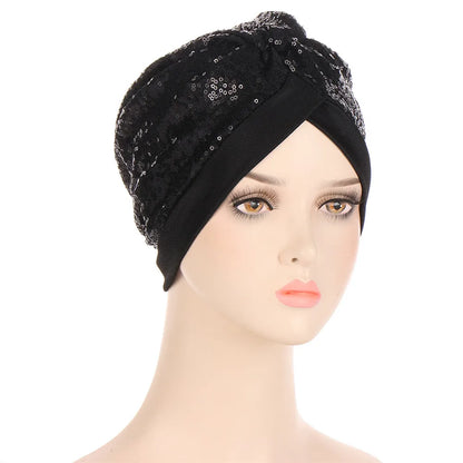 Women Glitter Sequins Turban Hat Fashion Bonnet Twist Solid Color Hijab Chemo Cap Head Wraps Elegant Headscarf Stretchy Headband