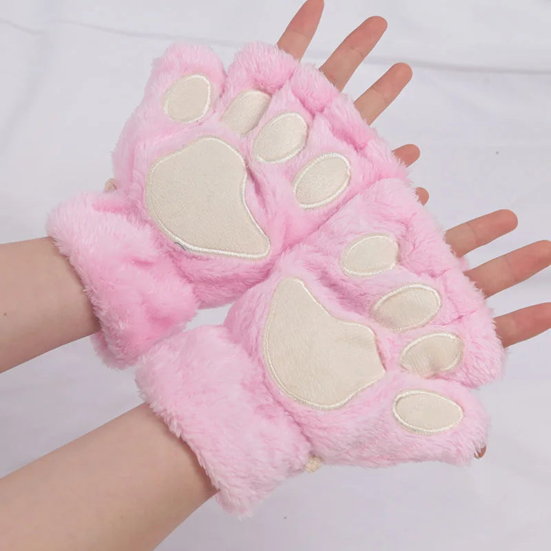 Women’s Cartoon Cat Claw Gloves Plush Bear Paw Winter Mittens