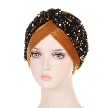 Women Glitter Sequins Turban Hat Fashion Bonnet Twist Solid Color Hijab Chemo Cap Head Wraps Elegant Headscarf Stretchy Headband