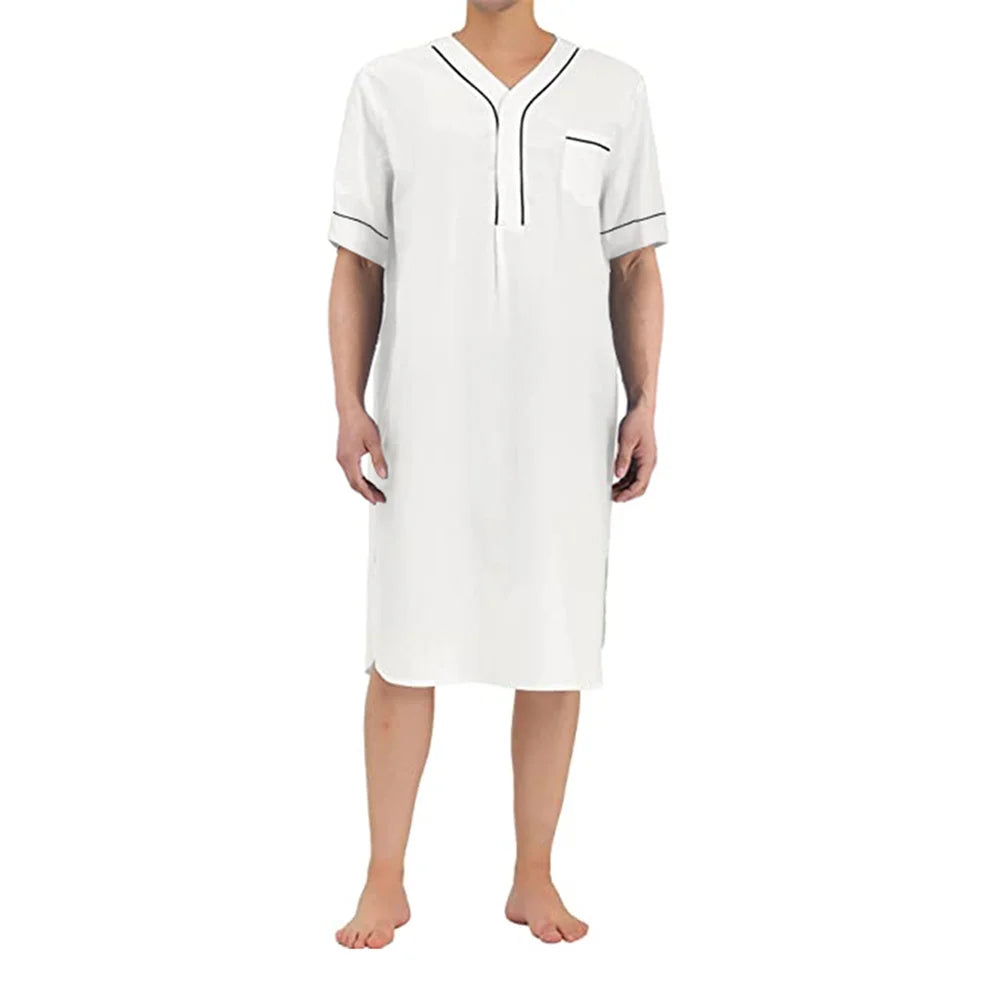 Douhoow Men Kaftan Dubai Robe Solid Color Loose Saudi Arab Long Sleeves Nightshirt with Pockets Sleepwear Nightgown