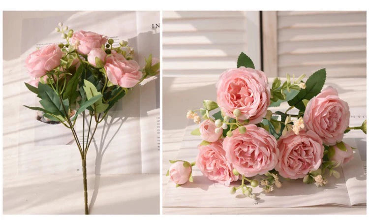 Rose Pink Silk Peony Bouquet Bride Wedding Home Decoration Artificial Flower