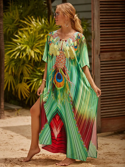 Women's Long Caftans Print Bathing Suit Cover Up Casual Beach Maxi Dress Abaya Beach Outfits Boho Clothes