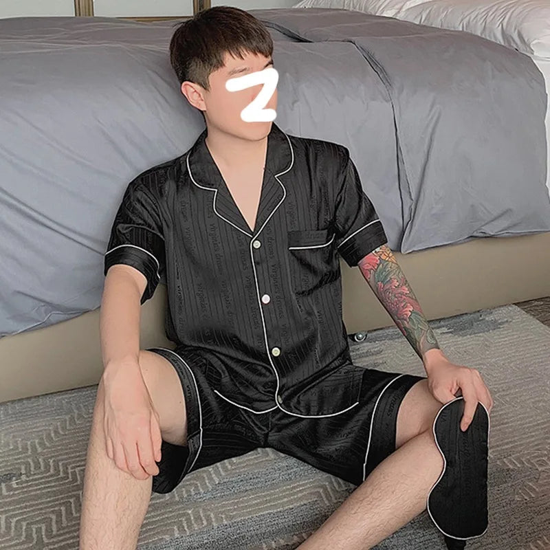 Summer Ice Silk Men's Two-Piece Pajamas Set Short-Sleeved Sleepwear Male Pajama Set Nightwear Sleepwear Suit Homewear