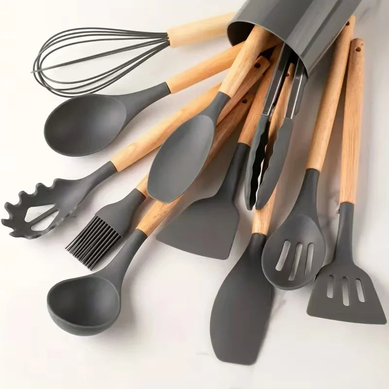 12Pcs Silicone Cooking Utensils Set – Wooden Handle, Non-Stick Kitchen Tools