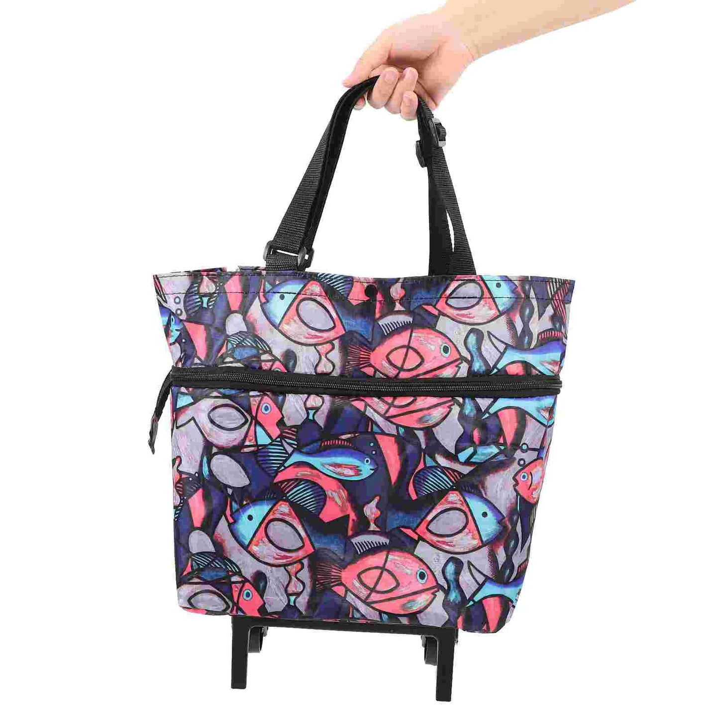 Shopping Bag with Wheels Foldable Cart Rolling Hand Bags Travel Tote on Pull Handle Wheeled for Groceries Portable Pouch