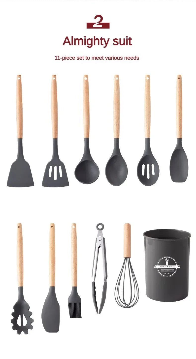 12Set of Wooden Handle Silicone Kitchen Tools Non-Stick Pan Cooking set