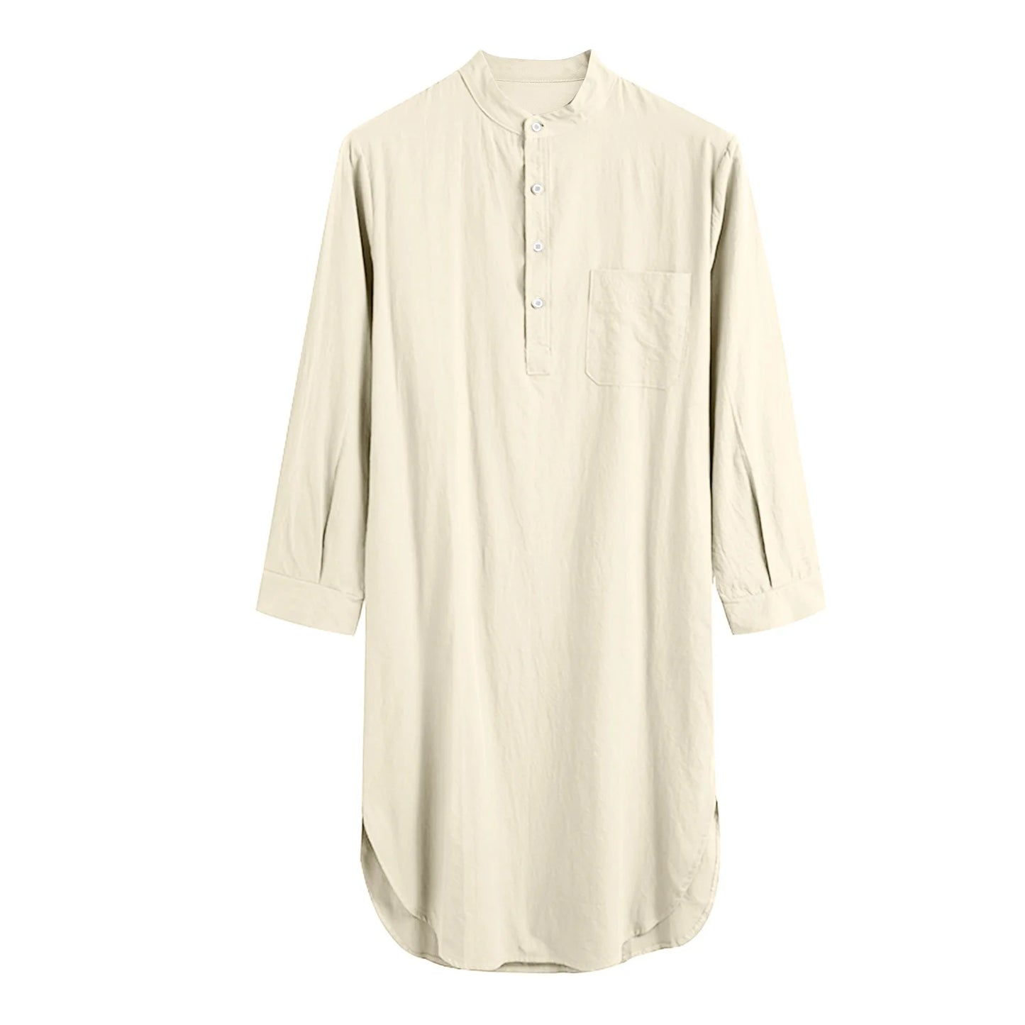 Men's Cotton Button-down Sleep Robe Solid Color Stand Neck Long Sleeve Nightgown Fashion Comfortable Home Loose Bathrobe