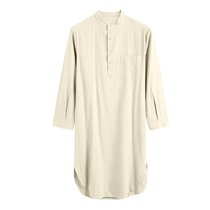 Men's Cotton Button-down Sleep Robe Solid Color Stand Neck Long Sleeve Nightgown Fashion Comfortable Home Loose Bathrobe