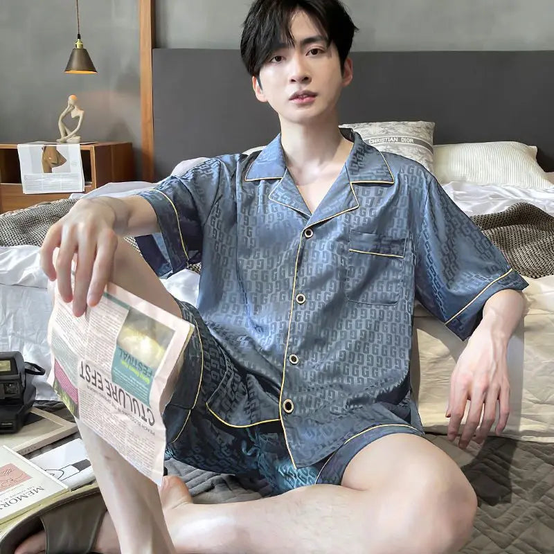 Summer Ice Silk Men's Two-Piece Pajamas Set Short-Sleeved Sleepwear Male Pajama Set Nightwear Sleepwear Suit Homewear