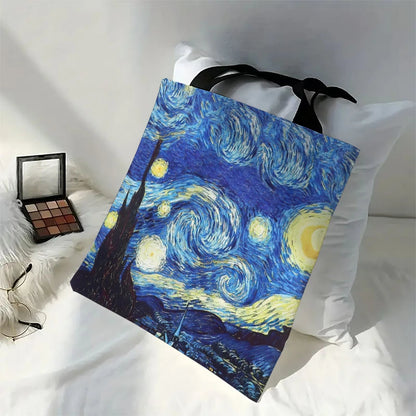 Van Gogh Series Linen Bag Oil Painting Starry Night Sunflower Apricot Flower Coffee Holder Handbag Lightweight Shoulder Bag