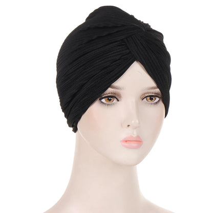 Rippled Twist Turban Caps for Women Muslim Headscarf Bonnet Stretchy Female Head Wraps Solid Cotton Turbante Indian Hat