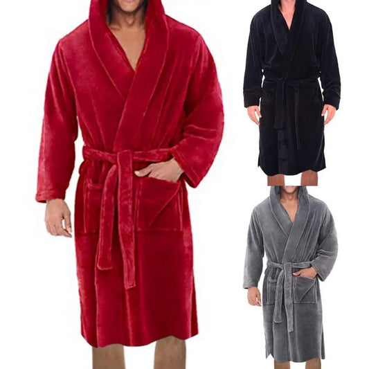 Belt Flannel Bath Robe for Men Hooded Pockets Warm Men Nightgown Men Plush Bathrobe Sleepwear Home Clothes Loose Pajamas Robe