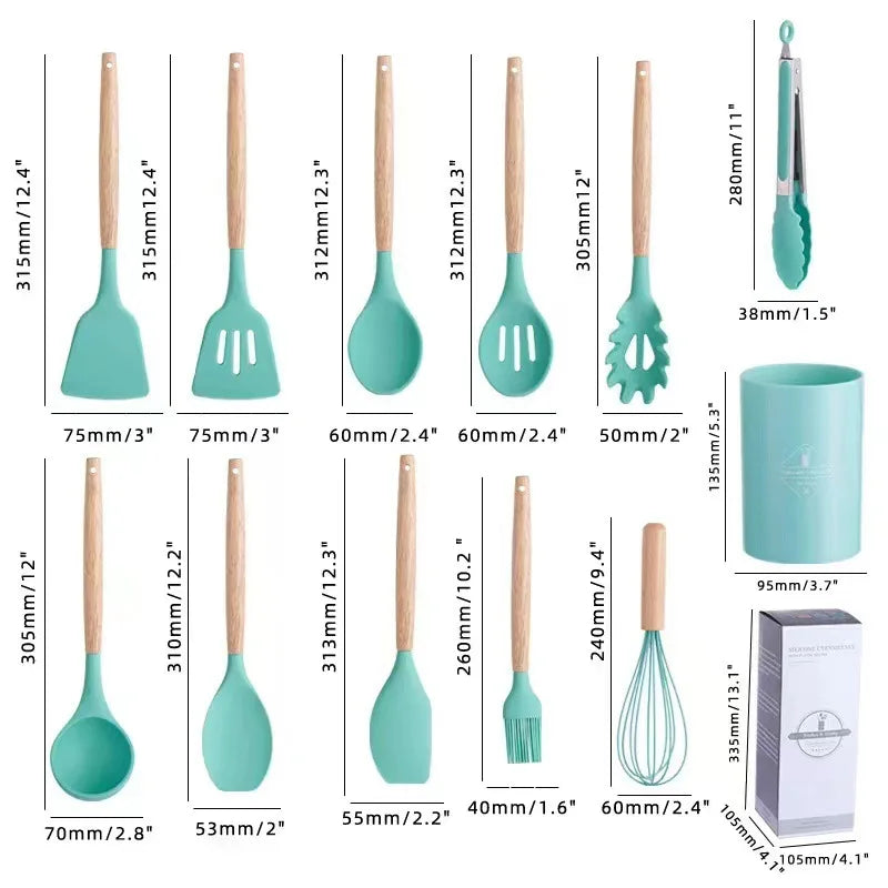 12Pcs Silicone Cooking Utensils Set – Wooden Handle, Non-Stick Kitchen Tools