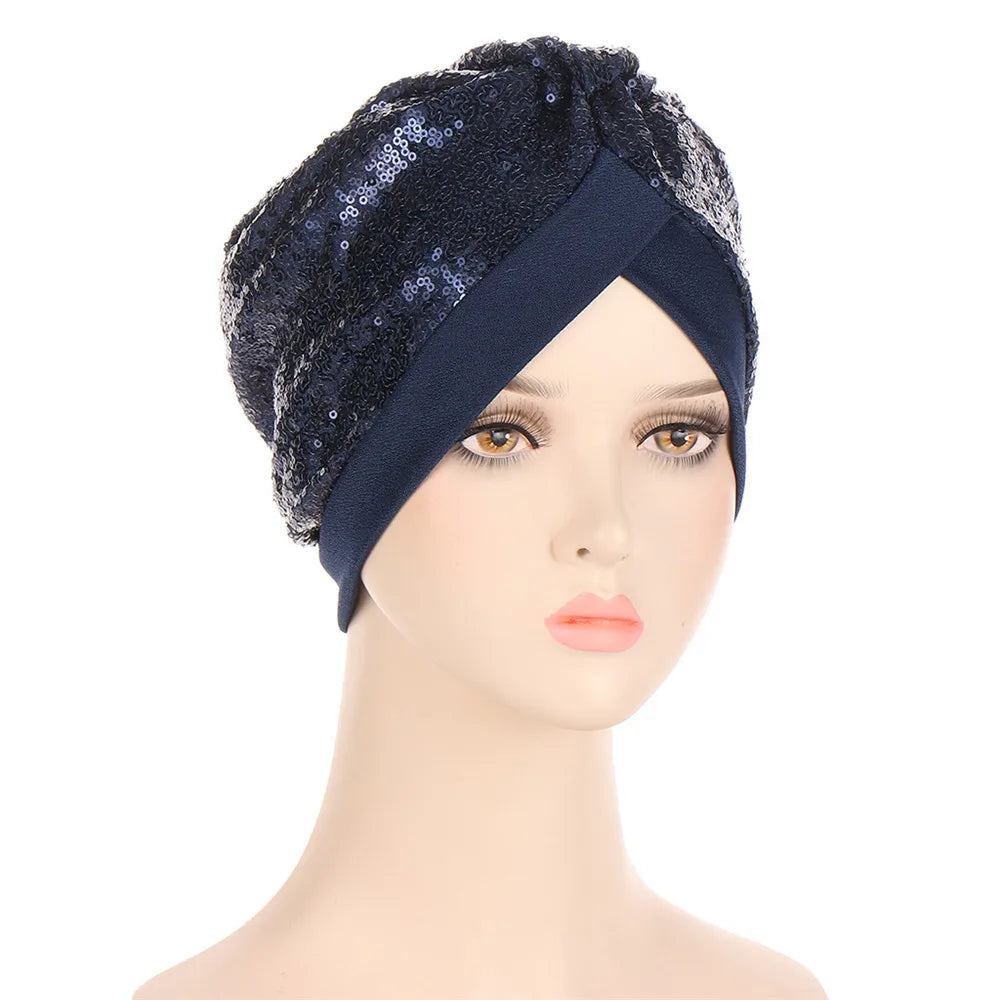 Women Glitter Sequins Turban Hat Fashion Bonnet Twist Solid Color Hijab Chemo Cap Head Wraps Elegant Headscarf Stretchy Headband