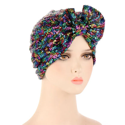 Women Glitter Sequins Turban Hat Fashion Bonnet Twist Solid Color Hijab Chemo Cap Head Wraps Elegant Headscarf Stretchy Headband