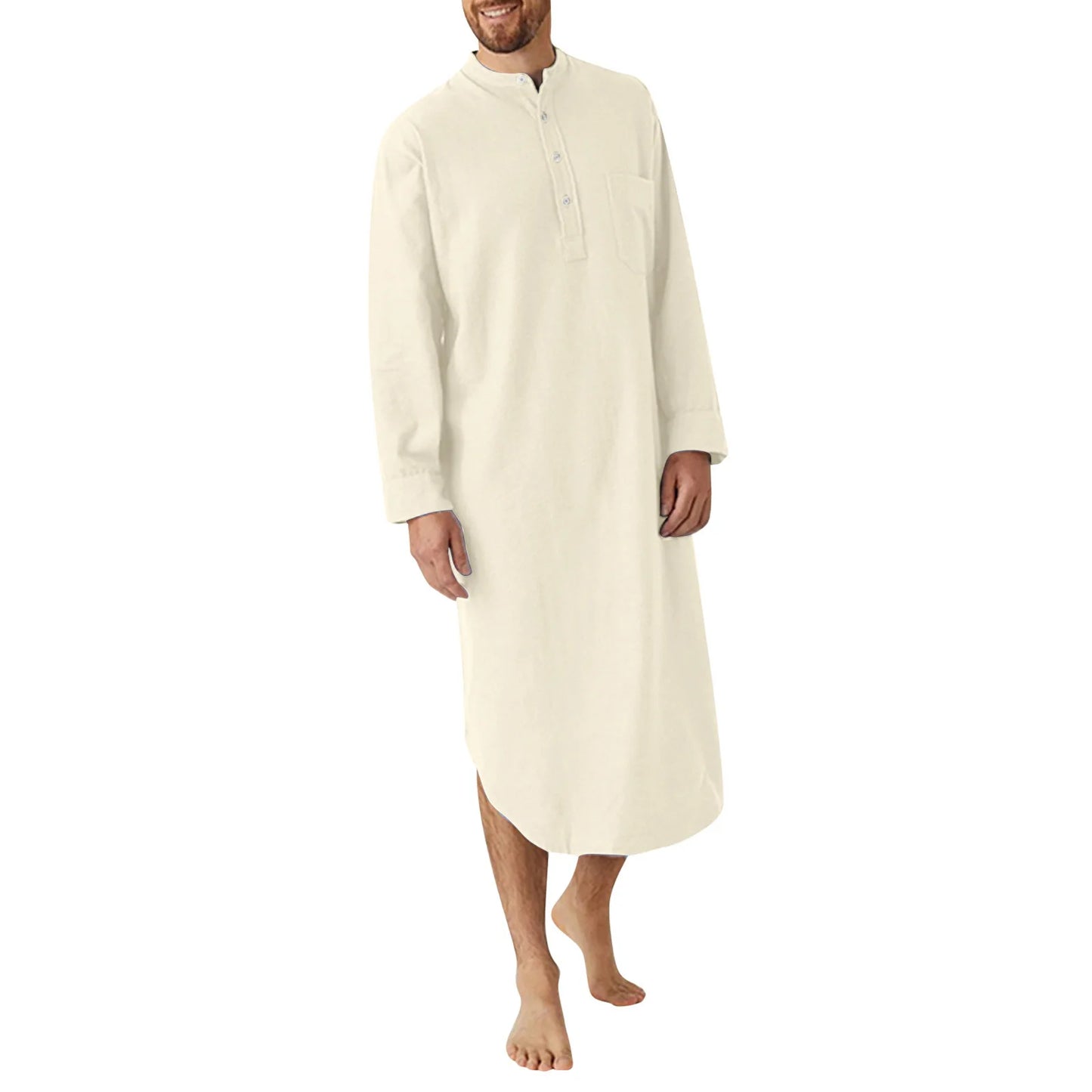 Men's Cotton Button-down Sleep Robe Solid Color Stand Neck Long Sleeve Nightgown Fashion Comfortable Home Loose Bathrobe